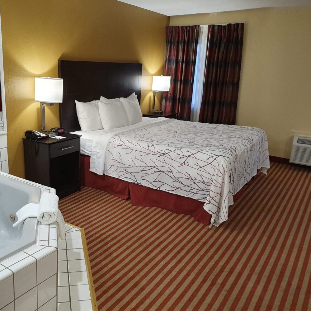 jacuzzi and bed in a hotel room